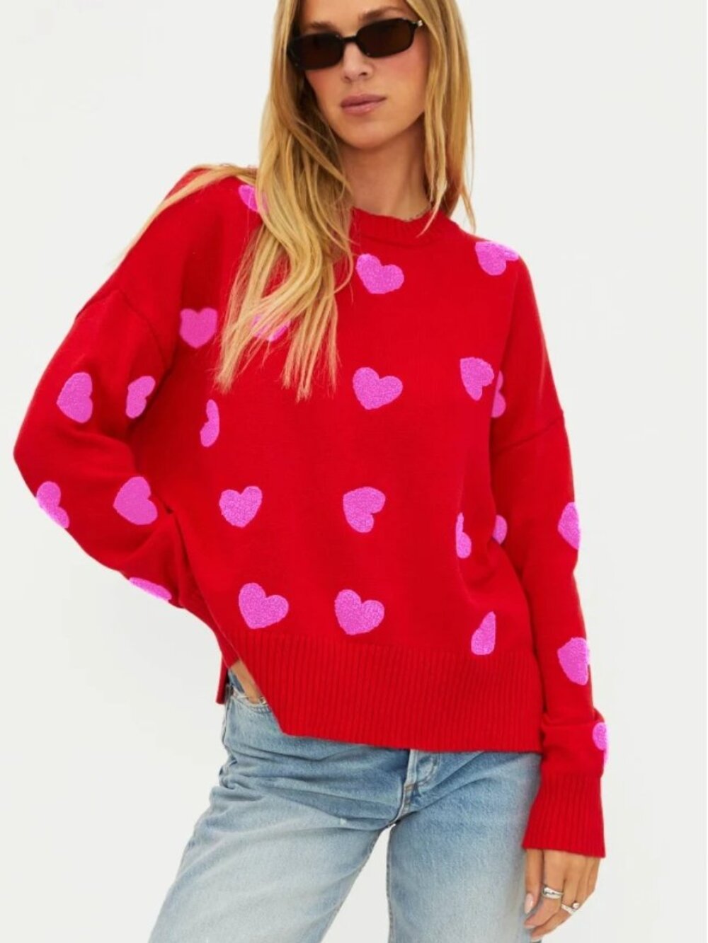 Beach Riot NWT Callie Heart Sweater Small in Royal Red Hearts
